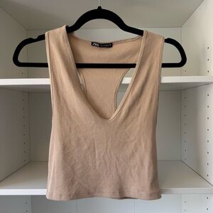 Large Zara tan ribbed v-neck cropped tank top